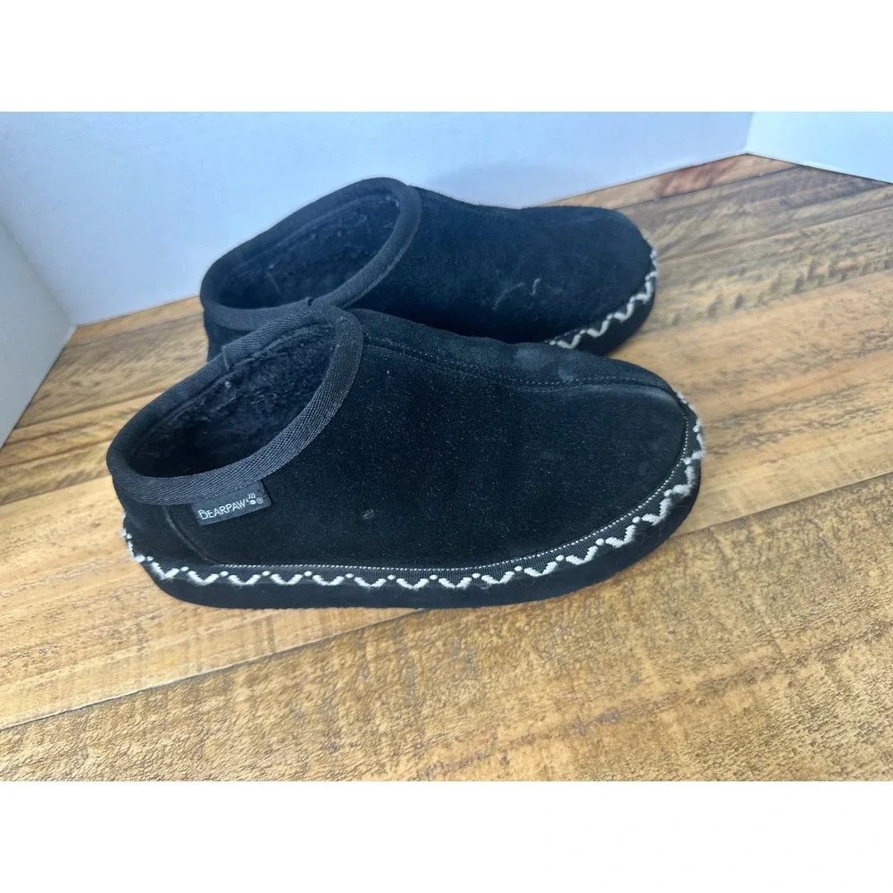 Bearpaw Youth Black Suede Slippers Faux Fur Lined Size 4 Kids N18-4‎